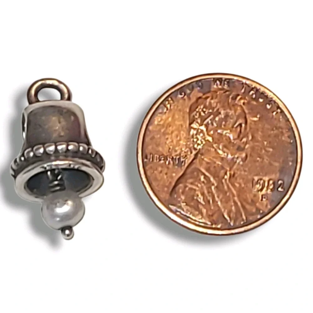 RETIRED Authentic PANDORA Silver WEDDING BELL White Hanging PEARL Bead/Charm